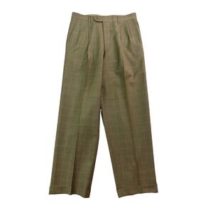 vtg Linea Naturale Italy 31x30 Tan Windowpane Dress Pants Pleated Wool Cuffed